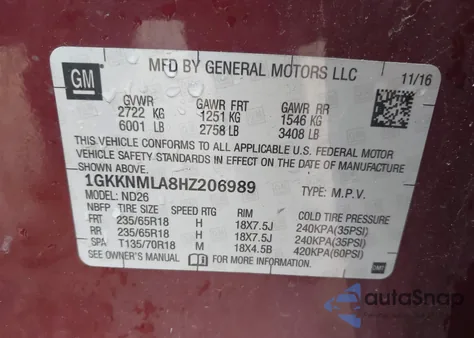 2017 GMC Acadia Slt-1 z USA, uszkodzony, nr VIN 1GKKNMLA8HZ206989